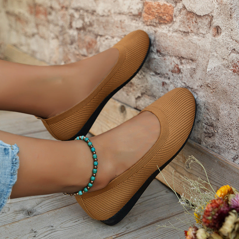 Women's Soft Knit Mesh Slip-On Flats – Comfortable Round Toe Casual Shoes
